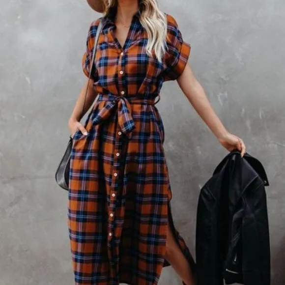 VICI Collection: Brown and Blue Plaid Midi Dress - Picture 2 of 3